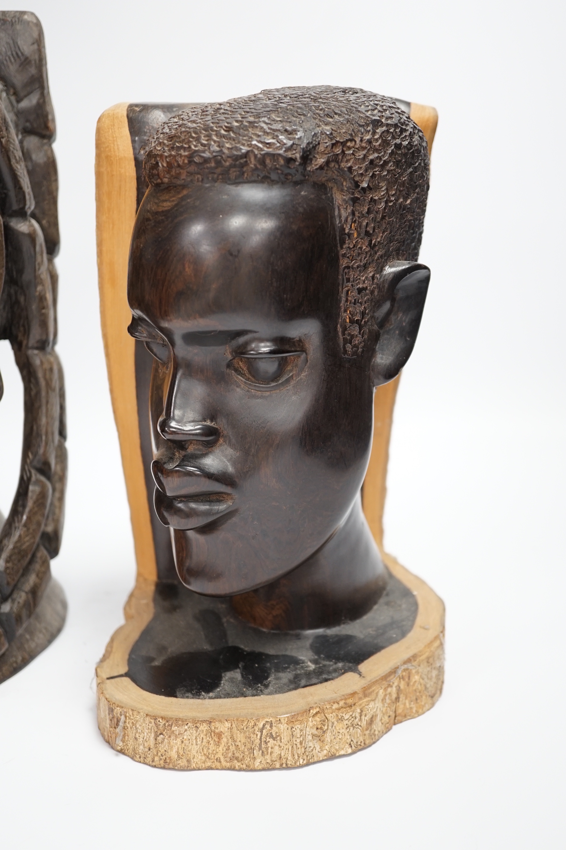 Two carved African ebony busts of a male and female, tallest 30cm high